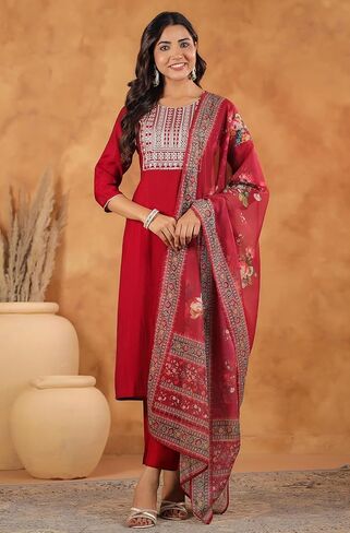 Janasya Indian Women's Kurta Kurti Set for Women Straight Maroon Yoke Embroidery Regular Casual Calf Length Kurta Kurti Set in Saudi Arabia