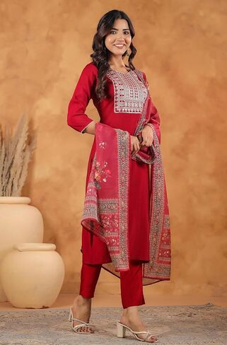 Janasya Indian Women's Kurta Kurti Set for Women Straight Maroon Yoke Embroidery Regular Casual Calf Length Kurta Kurti Set in Saudi Arabia