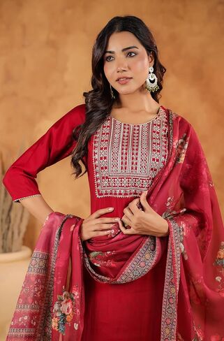 Janasya Indian Women's Kurta Kurti Set for Women Straight Maroon Yoke Embroidery Regular Casual Calf Length Kurta Kurti Set in Saudi Arabia