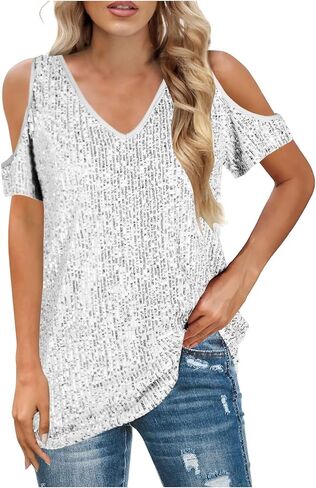 Party Night Sequin T Shirts Summer Short Sleeve Tops Off Shoulder Glitter Sparkly Blouse Loose Fit Shirts Going Out in Kuwait