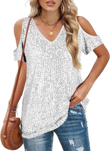 Party Night Sequin T Shirts Summer Short Sleeve Tops Off Shoulder Glitter Sparkly Blouse Loose Fit Shirts Going Out in Kuwait