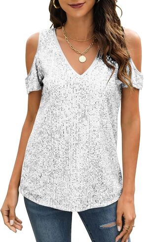 Party Night Sequin T Shirts Summer Short Sleeve Tops Off Shoulder Glitter Sparkly Blouse Loose Fit Shirts Going Out in Kuwait