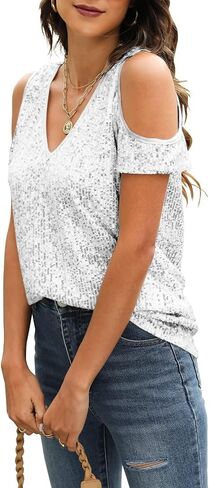 Party Night Sequin T Shirts Summer Short Sleeve Tops Off Shoulder Glitter Sparkly Blouse Loose Fit Shirts Going Out in Kuwait
