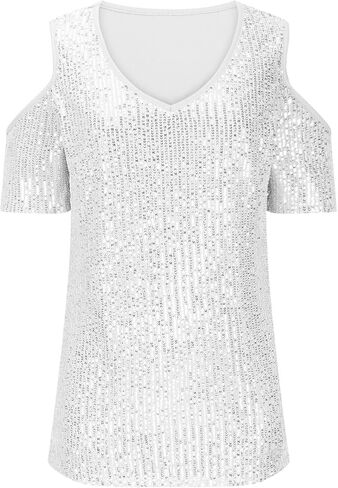 Party Night Sequin T Shirts Summer Short Sleeve Tops Off Shoulder Glitter Sparkly Blouse Loose Fit Shirts Going Out in Kuwait