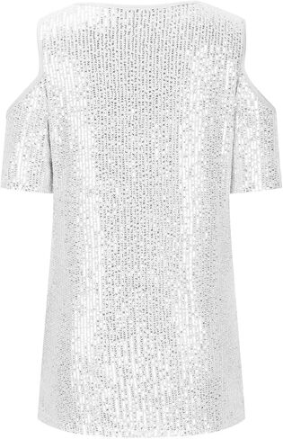 Party Night Sequin T Shirts Summer Short Sleeve Tops Off Shoulder Glitter Sparkly Blouse Loose Fit Shirts Going Out in Kuwait