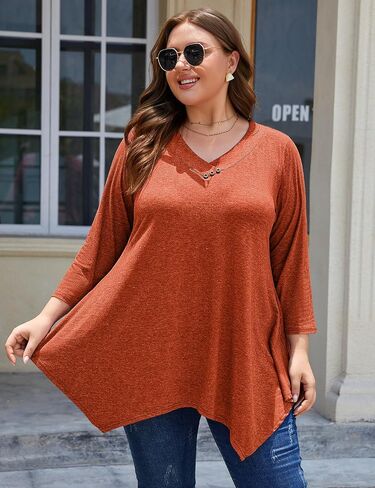 MONNURO Womens Plus Size 3/4 Sleeve Tunics V Neck Button Casual Loose Tops Plaid Shirts for Women Asymmetrical Blouses in Saudi Arabia