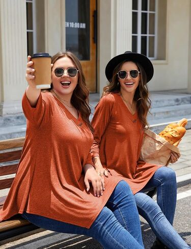 MONNURO Womens Plus Size 3/4 Sleeve Tunics V Neck Button Casual Loose Tops Plaid Shirts for Women Asymmetrical Blouses in Saudi Arabia