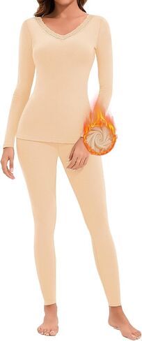 Lace V Neck Thermal Underwear Sets For Women Long Johns Fleece Base Layer Cold Weather Thermal Pajamas Set Top Bottom in Saudi Arabia