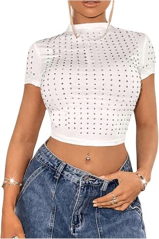 Wdirara Women's Y2K Rhinestone Crop Tops Mour Dock Neck Short Slim Fit Tee Shirt in Kuwait