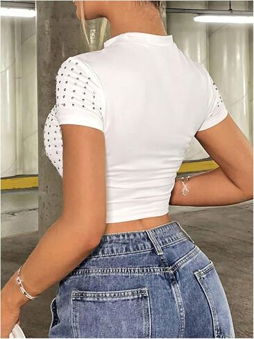 Wdirara Women's Y2K Rhinestone Crop Tops Mour Dock Neck Short Slim Fit Tee Shirt in Kuwait