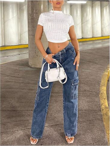 Wdirara Women's Y2K Rhinestone Crop Tops Mour Dock Neck Short Slim Fit Tee Shirt in Kuwait