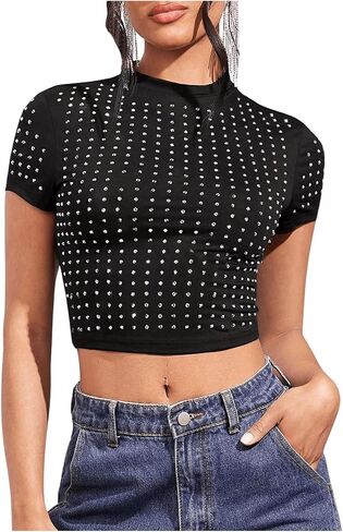 Wdirara Women's Y2K Rhinestone Crop Tops Mour Dock Neck Short Slim Fit Tee Shirt in Kuwait
