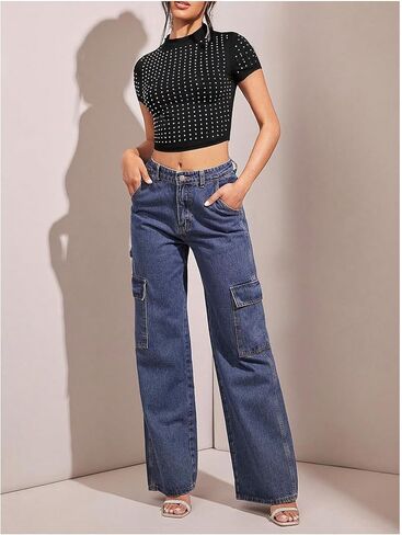 Wdirara Women's Y2K Rhinestone Crop Tops Mour Dock Neck Short Slim Fit Tee Shirt in Kuwait