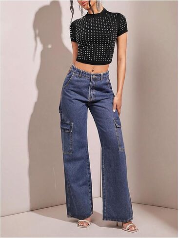 Wdirara Women's Y2K Rhinestone Crop Tops Mour Dock Neck Short Slim Fit Tee Shirt in Kuwait