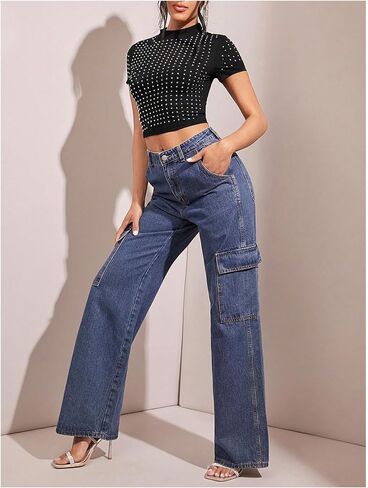 Wdirara Women's Y2K Rhinestone Crop Tops Mour Dock Neck Short Slim Fit Tee Shirt in Kuwait