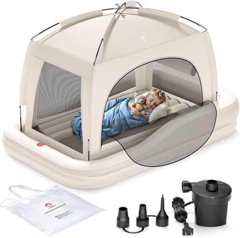 QPAU Inflatable Toddler Travel Bed with Tent, Baby Crib Tent, Portable Kids Air Mattress with Safety Bumpers, Ideal for Home, Grandma's, Camping, Traveling -Includes Fast Electric Pump in Kuwait