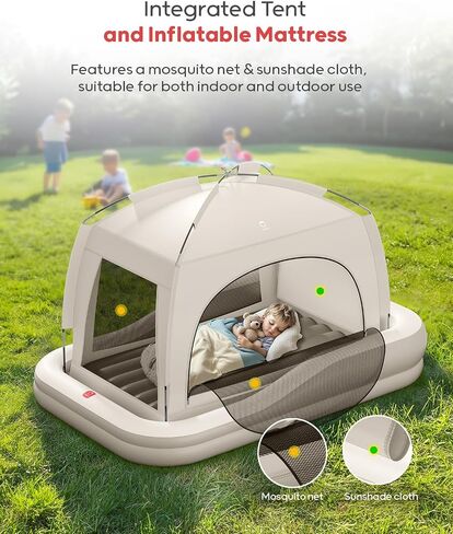 QPAU Inflatable Toddler Travel Bed with Tent, Baby Crib Tent, Portable Kids Air Mattress with Safety Bumpers, Ideal for Home, Grandma's, Camping, Traveling -Includes Fast Electric Pump in Kuwait