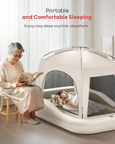 QPAU Inflatable Toddler Travel Bed with Tent, Baby Crib Tent, Portable Kids Air Mattress with Safety Bumpers, Ideal for Home, Grandma's, Camping, Traveling -Includes Fast Electric Pump in Kuwait