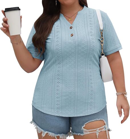 KARALIN Womens Plus Size Tops Roll Short Sleeve V Neck Perforated Buttons Up Tee in Kuwait