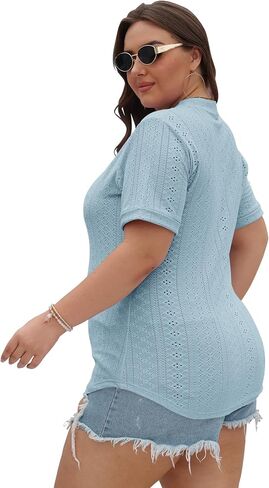 KARALIN Womens Plus Size Tops Roll Short Sleeve V Neck Perforated Buttons Up Tee in Kuwait