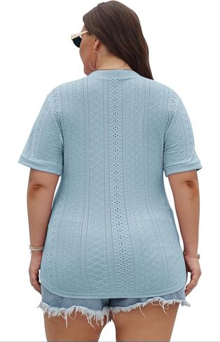 KARALIN Womens Plus Size Tops Roll Short Sleeve V Neck Perforated Buttons Up Tee in Kuwait
