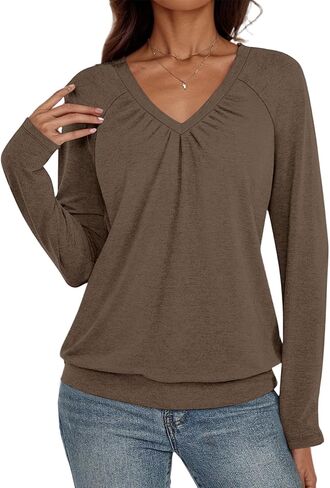 Fall Fashion for Women 2025 V Neck Long Sleeve Shirts Banded Bottom Pleated Tops Dressy Casual Blouses in Saudi Arabia