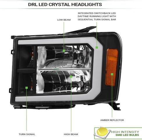 7422452957986 متوافق مع 2007-2013 GMC Sierra 1500/2007-2014 2500 3500 HD DRL LED BAR الأسود الإسكان المصابيح الأمامية مع Amber Reflector in Kuwait