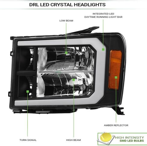 7422452957986 متوافق مع 2007-2013 GMC Sierra 1500/2007-2014 2500 3500 HD DRL LED BAR الأسود الإسكان المصابيح الأمامية مع Amber Reflector in Kuwait