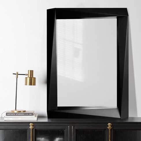 H-A Rustic Wooden Framed Wall Mirror, Farmhouse Style Vanity Mirror for Bedroom, Wood Stereo Hanging Mirror for Bathroom, 32''x24'' (Black) in Saudi Arabia