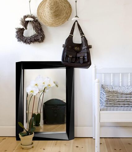 H-A Rustic Wooden Framed Wall Mirror, Farmhouse Style Vanity Mirror for Bedroom, Wood Stereo Hanging Mirror for Bathroom, 32''x24'' (Black) in Saudi Arabia