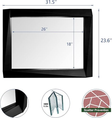 H-A Rustic Wooden Framed Wall Mirror, Farmhouse Style Vanity Mirror for Bedroom, Wood Stereo Hanging Mirror for Bathroom, 32''x24'' (Black) in Saudi Arabia