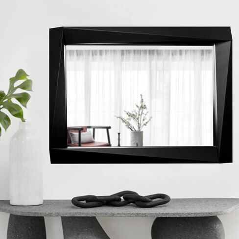 H-A Rustic Wooden Framed Wall Mirror, Farmhouse Style Vanity Mirror for Bedroom, Wood Stereo Hanging Mirror for Bathroom, 32''x24'' (Black) in Saudi Arabia