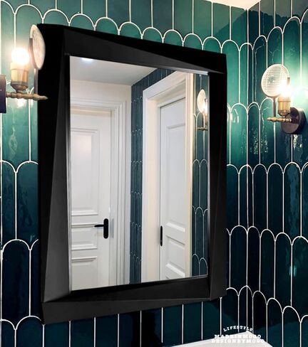 H-A Rustic Wooden Framed Wall Mirror, Farmhouse Style Vanity Mirror for Bedroom, Wood Stereo Hanging Mirror for Bathroom, 32''x24'' (Black) in Saudi Arabia
