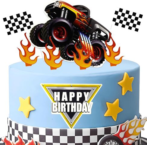 Fire Car Cake Topper Race Car Birthday Cake Decorations Racing Car Cake Toppers Checkered Flag Hot Wheel Themed Cake Cupcake Topper for Boys Girls Racing Car Party Supplies in Saudi Arabia