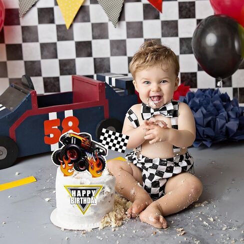 Fire Car Cake Topper Race Car Birthday Cake Decorations Racing Car Cake Toppers Checkered Flag Hot Wheel Themed Cake Cupcake Topper for Boys Girls Racing Car Party Supplies in Saudi Arabia