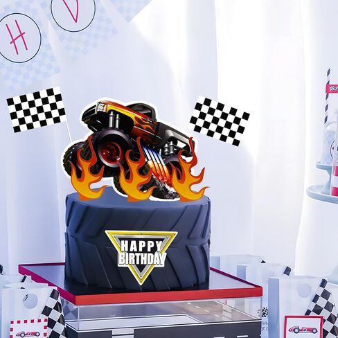 Fire Car Cake Topper Race Car Birthday Cake Decorations Racing Car Cake Toppers Checkered Flag Hot Wheel Themed Cake Cupcake Topper for Boys Girls Racing Car Party Supplies in Saudi Arabia