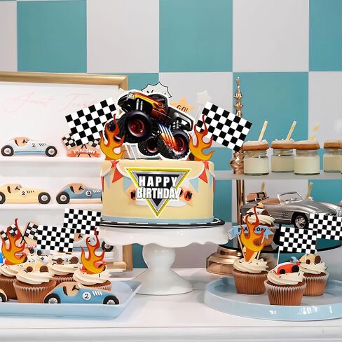Fire Car Cake Topper Race Car Birthday Cake Decorations Racing Car Cake Toppers Checkered Flag Hot Wheel Themed Cake Cupcake Topper for Boys Girls Racing Car Party Supplies in Saudi Arabia