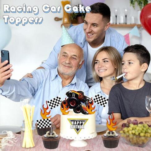 Fire Car Cake Topper Race Car Birthday Cake Decorations Racing Car Cake Toppers Checkered Flag Hot Wheel Themed Cake Cupcake Topper for Boys Girls Racing Car Party Supplies in Saudi Arabia