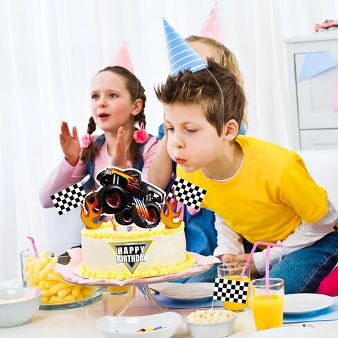 Fire Car Cake Topper Race Car Birthday Cake Decorations Racing Car Cake Toppers Checkered Flag Hot Wheel Themed Cake Cupcake Topper for Boys Girls Racing Car Party Supplies in Saudi Arabia