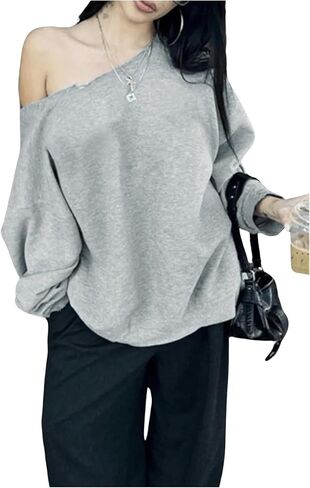 MakeMeChic Women's One Shoulder Long Sleeve Sweatshirt Drop Shoulder Loose Y2K Pullovers in Saudi Arabia