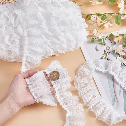 MAYJOYDIY 21.8 Yards Pink 2 Layer Ruffle Lace Trim 2 inch Gather Pleated Trim Ribbon Double-Layer Edging Trimming Fabric Vintage Lace Ribbon for Sewing Craft Wedding Dress DIY Embellishments in Saudi Arabia