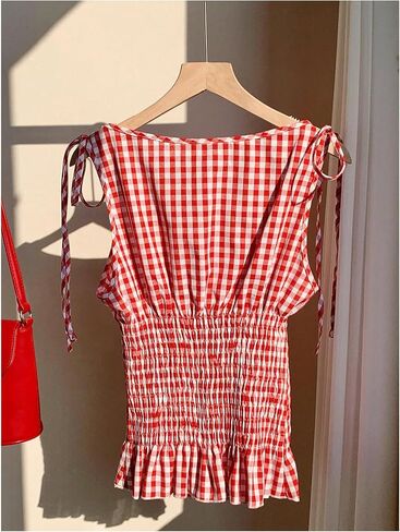 GORGLITTER Women's Y2k Gingham Tank Tops Tie Shoulder Sleeveless Boat Neck Ruffle Shirred Crop Top in Saudi Arabia