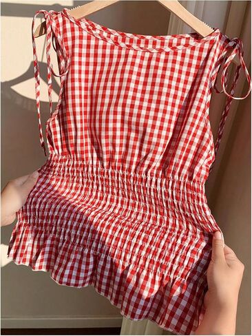 GORGLITTER Women's Y2k Gingham Tank Tops Tie Shoulder Sleeveless Boat Neck Ruffle Shirred Crop Top in Saudi Arabia