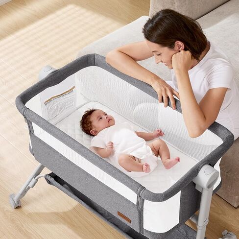 Bassinet Bedside Sleeper - All-Mesh Design, Portable Bedside Bassinet for Baby with Washable Mattress, 5 Adjustable Heights（Beige） in Saudi Arabia