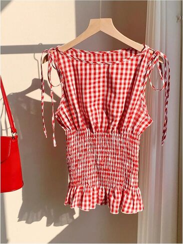 GORGLITTER Women's Y2k Gingham Tank Tops Tie Shoulder Sleeveless Boat Neck Ruffle Shirred Crop Top in Saudi Arabia