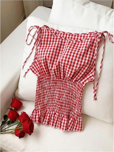 GORGLITTER Women's Y2k Gingham Tank Tops Tie Shoulder Sleeveless Boat Neck Ruffle Shirred Crop Top in Saudi Arabia