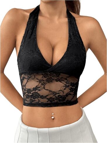 GORGLITTER Women's Lace Halter Camisole Top Backless Sleeveless Y2K Sexy Going Out Tops in Saudi Arabia