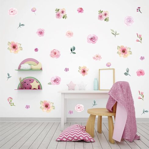 Pink Flower Wall Decals - Flower Peel and Stick Wall Stickers Vinyl Peony Floral Wall Stickers Pastel Flower Decor for Girls Bedroom Nursery Classroom Living Room (Colorful Flower) in Saudi Arabia