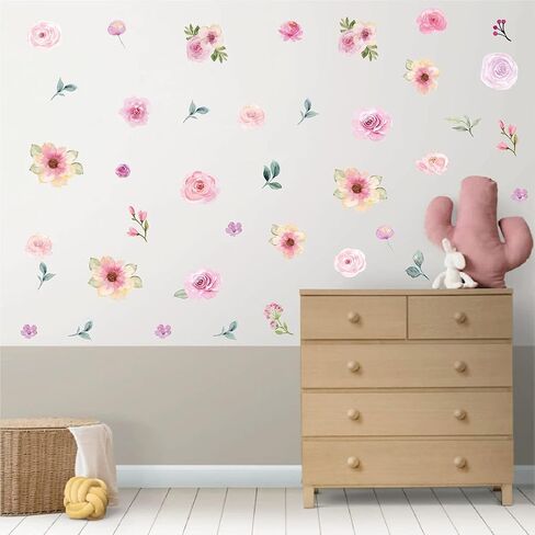 Pink Flower Wall Decals - Flower Peel and Stick Wall Stickers Vinyl Peony Floral Wall Stickers Pastel Flower Decor for Girls Bedroom Nursery Classroom Living Room (Colorful Flower) in Saudi Arabia