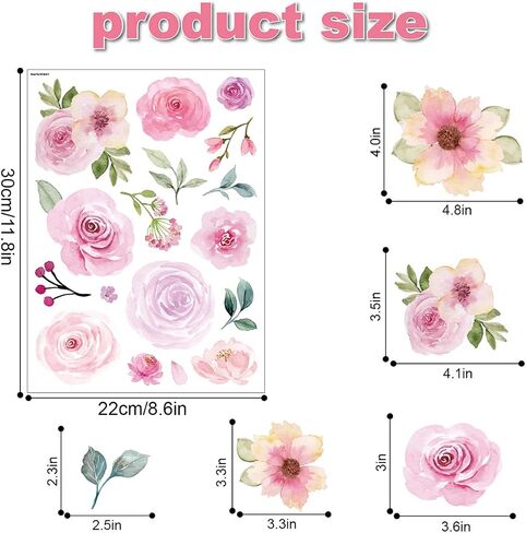 Pink Flower Wall Decals - Flower Peel and Stick Wall Stickers Vinyl Peony Floral Wall Stickers Pastel Flower Decor for Girls Bedroom Nursery Classroom Living Room (Colorful Flower) in Saudi Arabia